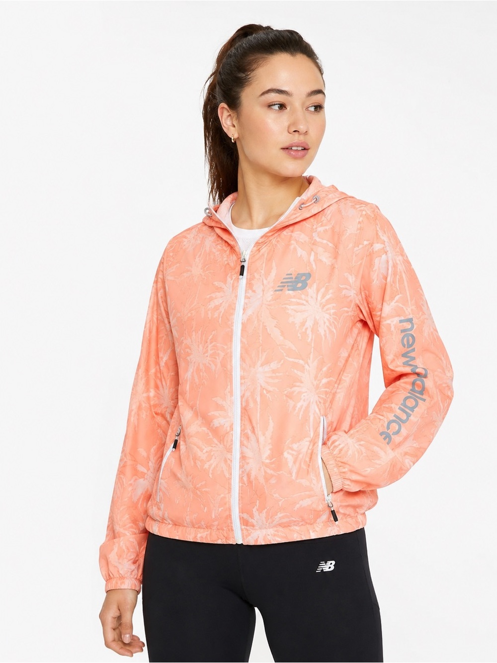 New Balance Women’s L Coral Palm Print Hooded Windbreaker Jacket Outdoor Hiking